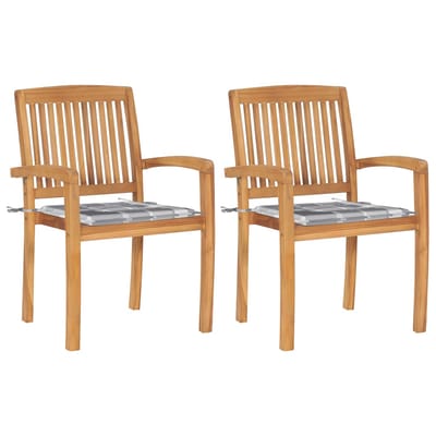 vidaXL - Tuinstoelen - 2 - st - met - grijs - geruite - kussens - massief - teakhout