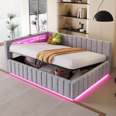 MODFU Gestoffeerd Tweepersoonsbed – 140x200 cm – Hydraulische Opbergruimte & LED – Modern met USB – Fluweel – Grijs
