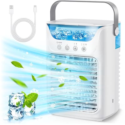 Mobiele airconditioning - 4-in-1 draagbare airconditioner en luchtkoeler - luchtbevochtiger en tafelventilator - 700 ml / 2 koude nevel - 3 automatische timers - 7 kleuren nachtlampje. .