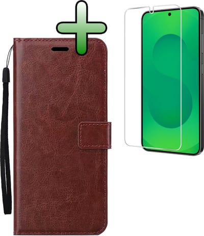 Hoesje Met Screenprotector - Geschikt voor Samsung Galaxy S25 - Luxe Pasjeshouder - Bookcase Portemonee - Flip Case - Kunstleer Book Case - Flipcase - Book Cover - Walletcase - Portemonneehoes - Bruin