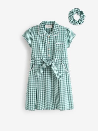 Next - Meisjes - Katoenrijke schooljurk met ceintuur en scrunchie - Groen