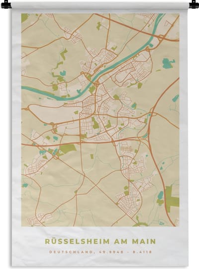 Wandkleed - Wanddoek - Plattegrond - Vintage - Kaart - Rüssel am Main - Stadskaart - 120x180 cm - Wandtapijt