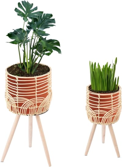 Plantenstandaard voor binnen en buiten - Set van 2 - Rotan bloempot standaard - Hoogtes 60 en 45 cm