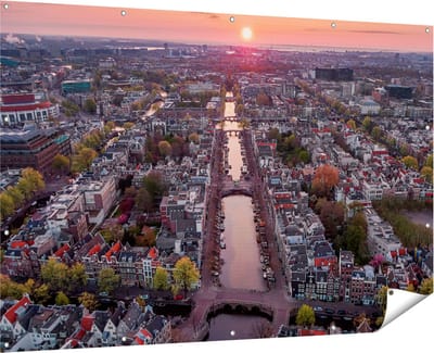 Gards Tuinposter Bovenaanzicht Amsterdam met Zonsondergang - 180x120 cm - Tuindoek - Tuindecoratie - Wanddecoratie buiten - Tuinschilderij