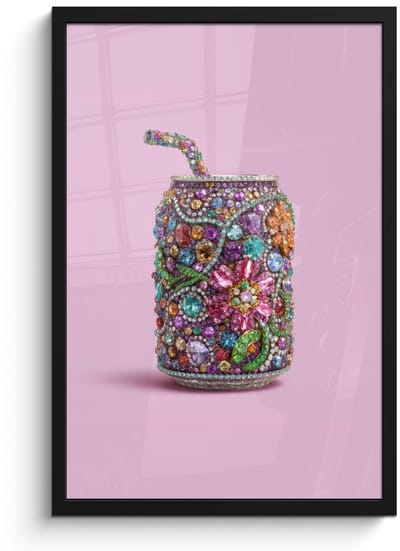 Poster in lijst - Fotolijst 40x60 cm - Posters - Frisdrankblikje - Bloemenpatroon - Edelstenen - Kleurrijk - Posterlijst zwart - Decoratie - Wanddecoratie woonkamer - Muurdecoratie slaapkamer