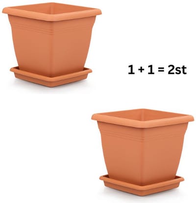 1+1 Vierkante - hoog - hoge - bloempot 26x25cm met wateropvang - terra cotta - opvangschaal