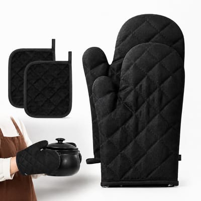 SnelShoppen - 2 stuks hittebestendige ovenwanten en pannenlappen, 230 °C/446 °F, zwart, antislip katoen voor koken, bakken, grillen, keukenaccessoires