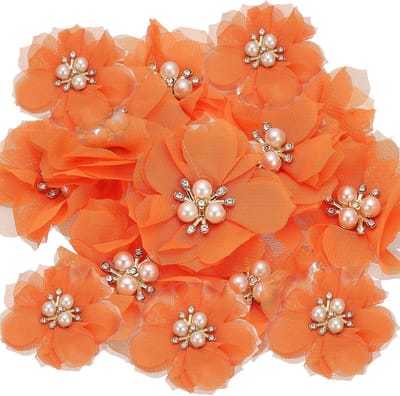 15 Stuks Oranje Chiffon Bloemen met Parel en Strass Applicaties voor DIY en Decoratie