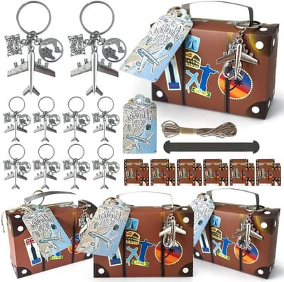 Vintage koffer dozen - Snoepdozen geschenk - Feestdecoratie uitdelen - Inclusief vliegtuig sleutelhangers - 50 stuks - Bruin