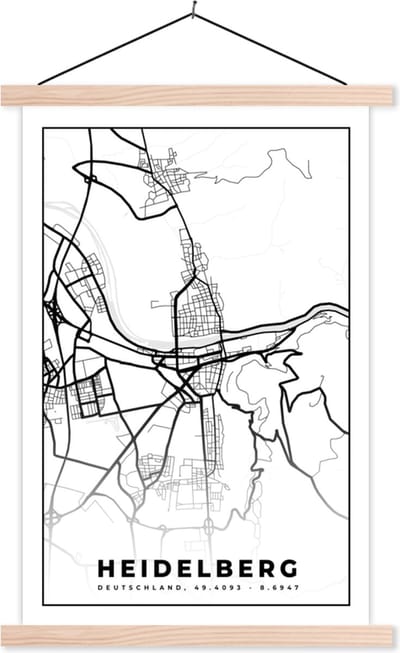 Posterhanger incl. Poster 40x60 cm - Schoolplaat - Heidelberg - Plattegrond - Kaart - Stadskaart - Textielposter - Blanke latten - Stadskaart