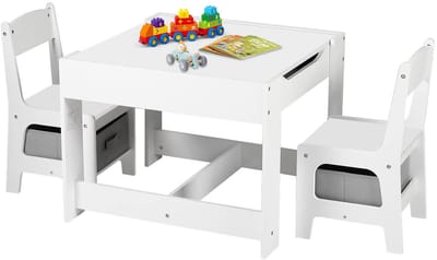 Kinder Tafel- Opbergdozen-Dubbelzijdige Tafel-Afneembare Tray-3-delig (1 Tafel + 2 Stoelen)-Wit