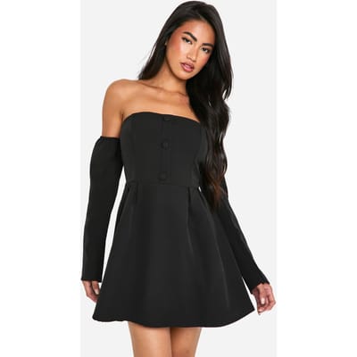 boohoo Dames A-lijn Bardot mini-jurk met lange mouwen | Zwart | Maat: 36