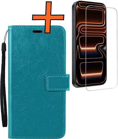 Hoes - Met Screenprotector - Geschikt voor Apple iPhone 17 Pro - Luxe Pasjeshouder - Bookcase Portemonee - Flip Case - Kunstleer Book Case - Flipcase - Book Cover - Walletcase - PortemonneeHoes - Turquoise