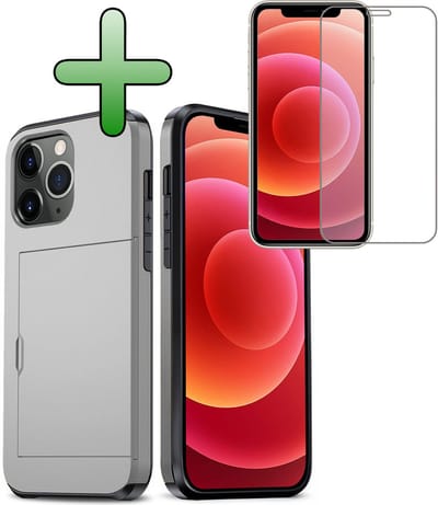 Hoes Geschikt voor iPhone 11 Pro Hoesje Hard Case Met Pas Houder Met Screenprotector - Hoesje Geschikt voor iPhone 11 Pro Hoes Shockproof Hard Cover Met Kaarthouder - Grijs