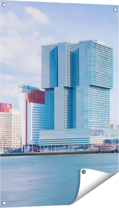 Gards Tuinposter Rotterdamse Skyline aan het Water - 60x90 cm - Tuindoek - Tuindecoratie - Wanddecoratie buiten - Tuinschilderij