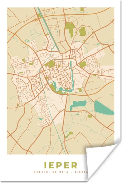 Poster Stadskaart - Ieper - Kaart - Vintage - Plattegrond - 120x180 cm XXL