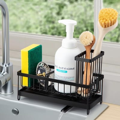 Stijlvolle RVS Afwasbak Organizer met Zelfledigende Afvoer en Opbergdoos voor Keuken en Badkamer, Ideaal voor Afwasborstels en Keukenaccessoires