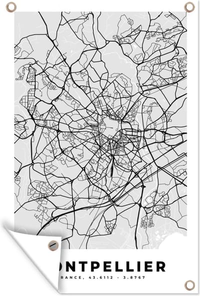 Muurdecoratie Plattegrond - Kaart - Stadskaart - Frankrijk - Montpellier - 120x180 cm - Tuinposter - Tuindoek