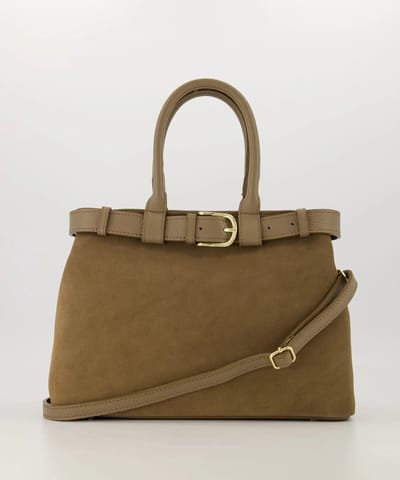 Handtas -leer- Suede- taupe- nieuw -twee vakken -met langhengsel