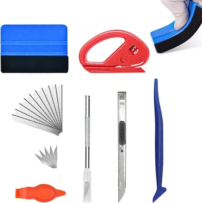 Professionele Set van 8 Tinted Film Squeegees met Snijmes voor Ramen, Auto en DIY Toepassingen - Precisie Gereedschap in Rood en Blauw