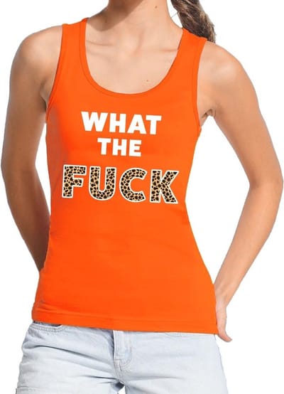 What the Fuck tijgerprint tekst tanktop / mouwloos shirt oranje dames - dames singlet What the Fuck tijgerprint - oranje kleding S