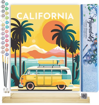 Figured'Art Schilderen op Nummer Volwassenen canvas Reisposter Californië- Handwerk acrylverf Kit DIY Compleet - 40x50cm met DIY houten lijst