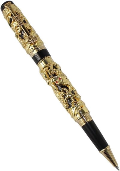 Luxe rollerball pen met draak en feniks in zwart en goud voor verzamelaars en schrijfliefhebbers