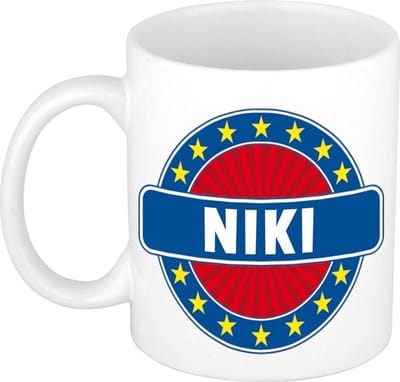 Bellatio Decorations - Niki voornaam - koffiemok - beker - wit/blauw - 300 ml - Cadeau - Heren - Collega - Vaderdag - Verjaardag