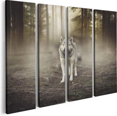 Artaza Canvas Schilderij Vierluik Grijze Wolf In Het Bos - 80x60 - Foto Op Canvas - Canvas Print