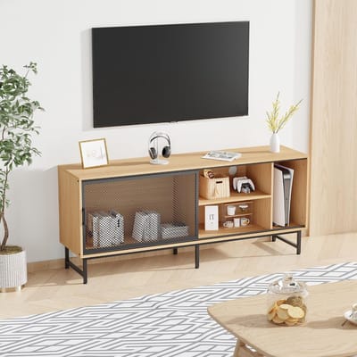 Tv-meubel met schuifdeur van metalen gaas- - Moderne houten console-Ruime opbergruimte-Stevige metalen poten - Woonkamer of slaapkamer-natuurlijke houtkleur