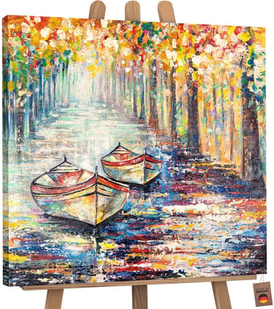 Canvas schilderij vierkant handgeschilderd herfststeiger herfst water – YS-Art Gallery – Luxe wanddecoratie voor woonkamer – Sfeervol schilderij voor slaapkamer en hal