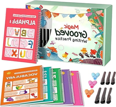 Schrijfoefenboek Kinderen - Tekenen Leren - Handlettering Oefenen - Met Geleidende Groeven - 6 Stuks - Handgeschreven