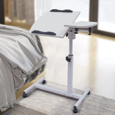 Laptoptafel op Wielen - Bedtafel Verstelbaar - Laptopstandaard met Verstelbare Hoek en Voedselplank - Wit