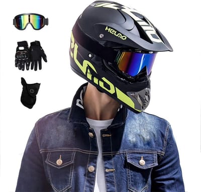 Motorcross Helm Set - Fullface MTB Helm - Off Road Rijden - Inclusief Bril Handschoenen - Maat M - Zwart Groen