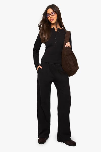 boohoo Dames Katoenen top met knoopdoorloop en ronde hals & broek co-ord | Black | Maat: 6
