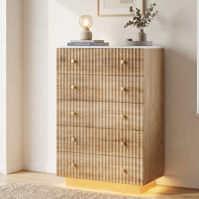 Ladekast met 5 Lades - 73x40x111cm - Opbergkast met 3-Kleuren LED-verlichting - Hout - Modern - Houtkleur