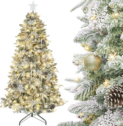 Kunstkerstboom met verlichting en sneeuw effect - 180 cm, champagnegoud met kerstdecoratie