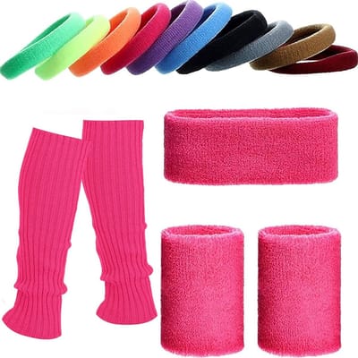 80s Kostuumset voor Vrouwen met Gebreide Beenwarmers, Kleurrijke Haarbanden en Armbanden voor Themafeesten van de Jaren '80 en '90