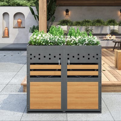 Clruro Vuilnisbakkenbox - 2 Stuks - 120-240L - met Plantenbak - Verzinkt Staal - Anthraciet