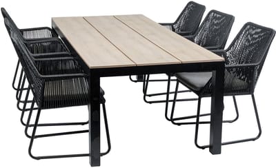 7-delige tuinset | 6 Mona tuinstoelen (Black) | 225cm Cyprus tuintafel (Wood)