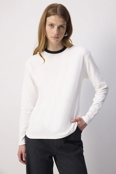 Touché Privé - T-shirt met geribde kraag (100% katoen) - Ecru - Dames