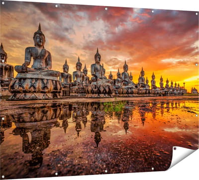 Gards Tuinposter Boeddha Beelden tijdens Zonsondergang - 160x120 cm - Tuindoek - Tuindecoratie - Wanddecoratie buiten - Tuinschilderij