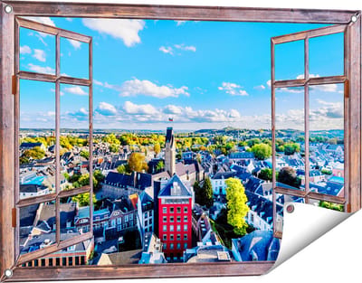 Gards Tuinposter Doorkijk Maastricht Stad met Huizen - 90x60 cm - Tuindoek - Tuindecoratie - Wanddecoratie buiten - Tuinschilderij