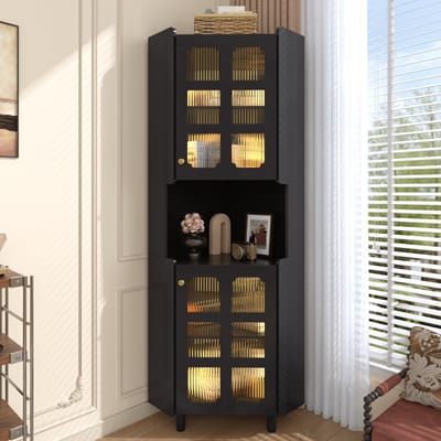 Zwarte Hoekkast - 63,5 x 124 cm - LED Verlichting - Multifunctioneel - MDF - Zwart