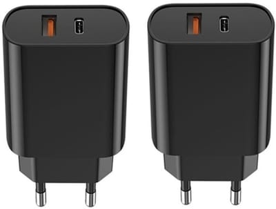 2 stuks OneOne 20W snellader met 2 poorten. Zwarte oplader met USB C en USB A. PD en Quick Charge lader adapter past op Apple iPhone 13 Mini, iPhone 13 Pro, iPhone 13 Pro Max, iPhone 14, iPhone 14 Plus, iPhone 14 Pro, iPhone 14 Pro Max