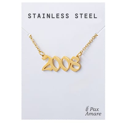 Jaartal 2008 Ketting Goudkleurig - Stainless Steel - Sieraad op Cadeau Kaartje - Jaar Hanger - Pax Amare