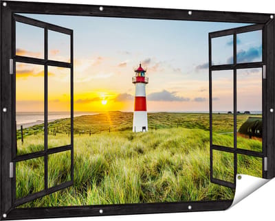 Gards Tuinposter Doorkijk Vuurtoren met Zonsopgang op een Eiland - 150x100 cm - Tuindoek - Tuindecoratie - Wanddecoratie buiten - Tuinschilderij