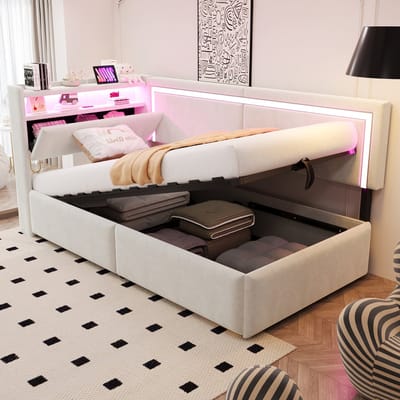 Gestoffeerd Slaapbank - 90 x 200 cm - Met LED-Verlichting USB Hoofdbord Openbaar Hydraulisch - Fluweel - Beige