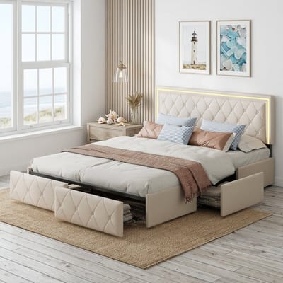 Tweepersoonsbed 140x200 cm met 4 laden, Gestoffeerd Bed met LED en Lattenbodem, Opbergbed bedframe met Opbergruimte en Verstelbare hoofdeindehoogte, PU beige, zonder matras