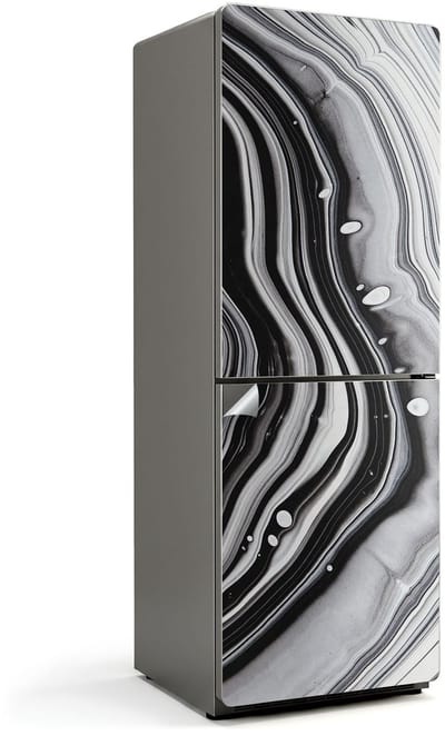 Wallfluent Koelkaststickers - Abstract vloeibaar patroon Koelkast Folie - 70 cm x 190 cm - Zwart En Wit Koelkaststickers - Zelfklevende Koelkaststicker - Koelkast Design - Koelkast Wrap - Koelkast Makeover